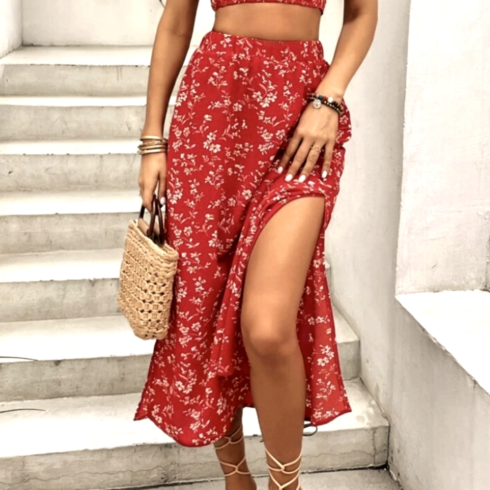 Floral Side Slit Skirt